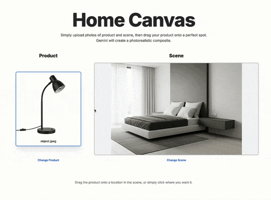 デスクライトを寝室の写真へドラッグ＆ドロップで配置し、周囲と馴染ませるデモ