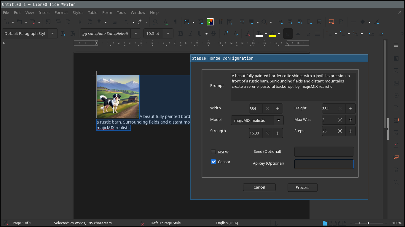 「AI images for LibreOffice」が動作する様子。プロンプト、サイズ、モデルなどを指定すると、AIが画像を生成する