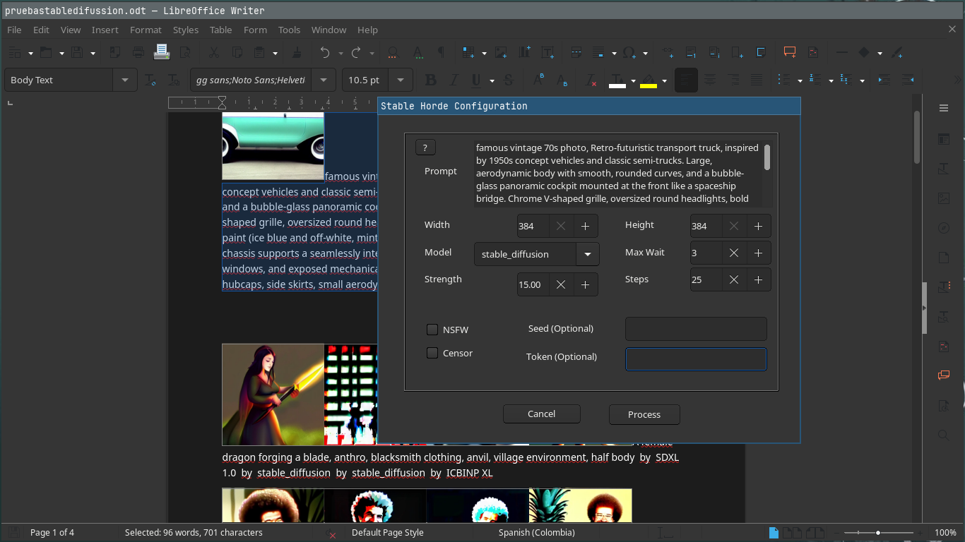 「AI images for LibreOffice」が動作する様子。プロンプト、サイズ、モデルなどを指定すると、AIが画像を生成する