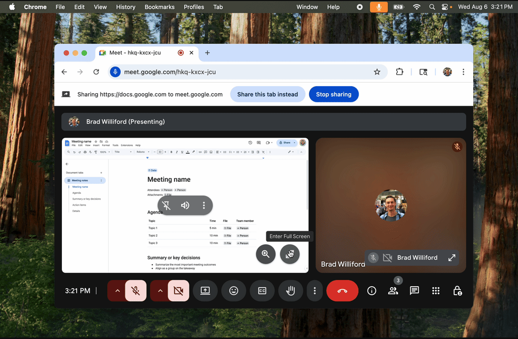 「Google Meet」の画面。画面共有の右端にフルスクリーンボタンが追加