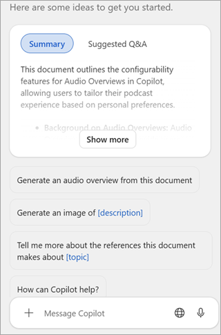 ［Copilot］サイドパネルで「このドキュメントから音声概要を生成」などとプロンプトを入力。プロンプトが提案されていれば、それをクリックするだけ