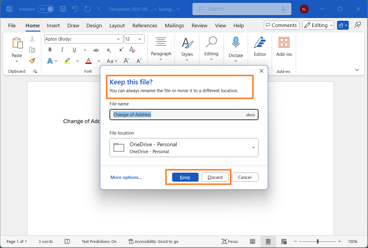 新規ドキュメントを明示的に保存する前に閉じると、破棄するか保持するかを尋ねるダイアログが表示される