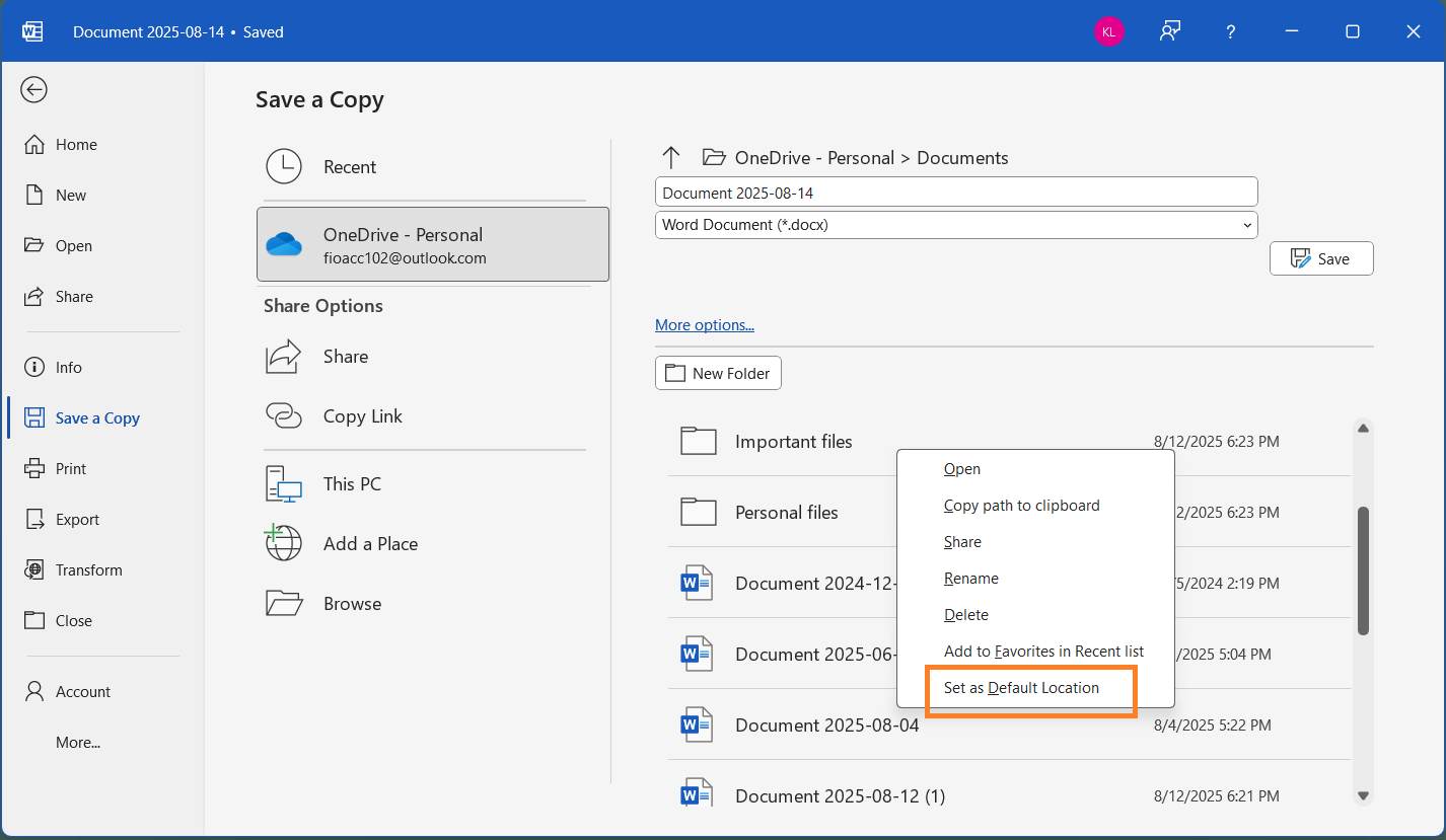 バックステージのファイル・フォルダーリストで既定の保存先を指定