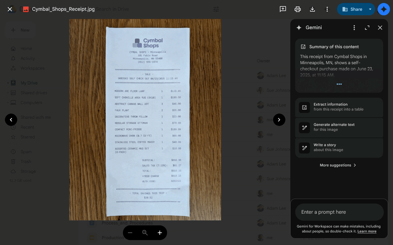 「Gemini」を使用して領収書から情報を表に抽出する様子