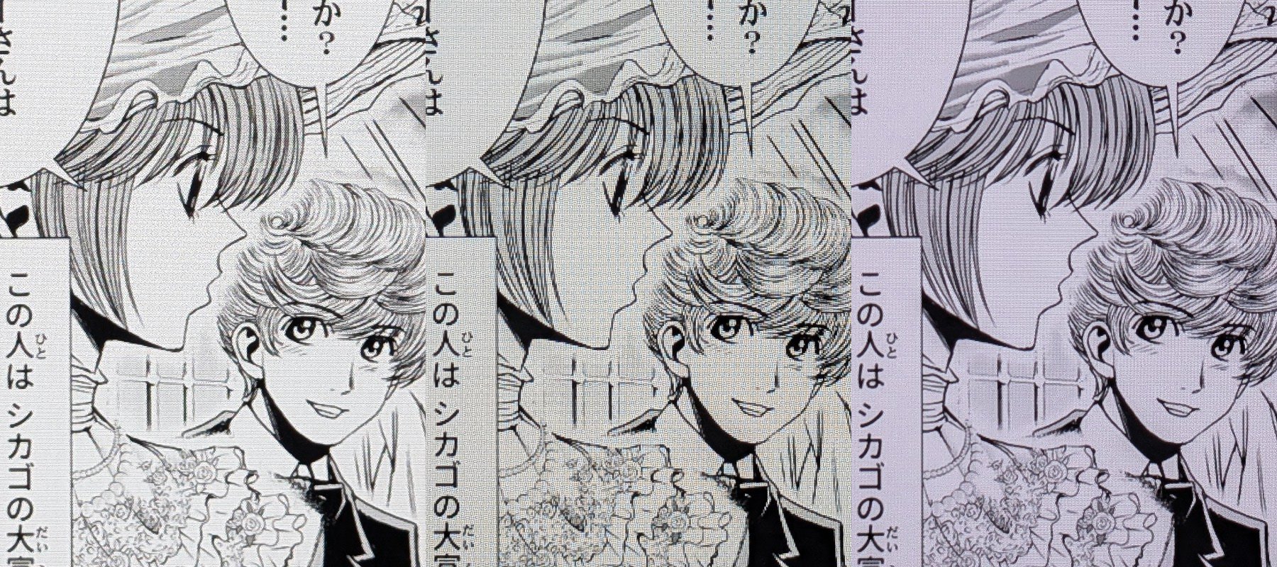 画質の比較。左から「iPad mini」（326ppi）、「BPad Mini」（270ppi）、「Lenovo Legion Tab」（343ppi）。クオリティは十分だが、強いて挙げれば「BPad Mini」は多少のざらつきがある