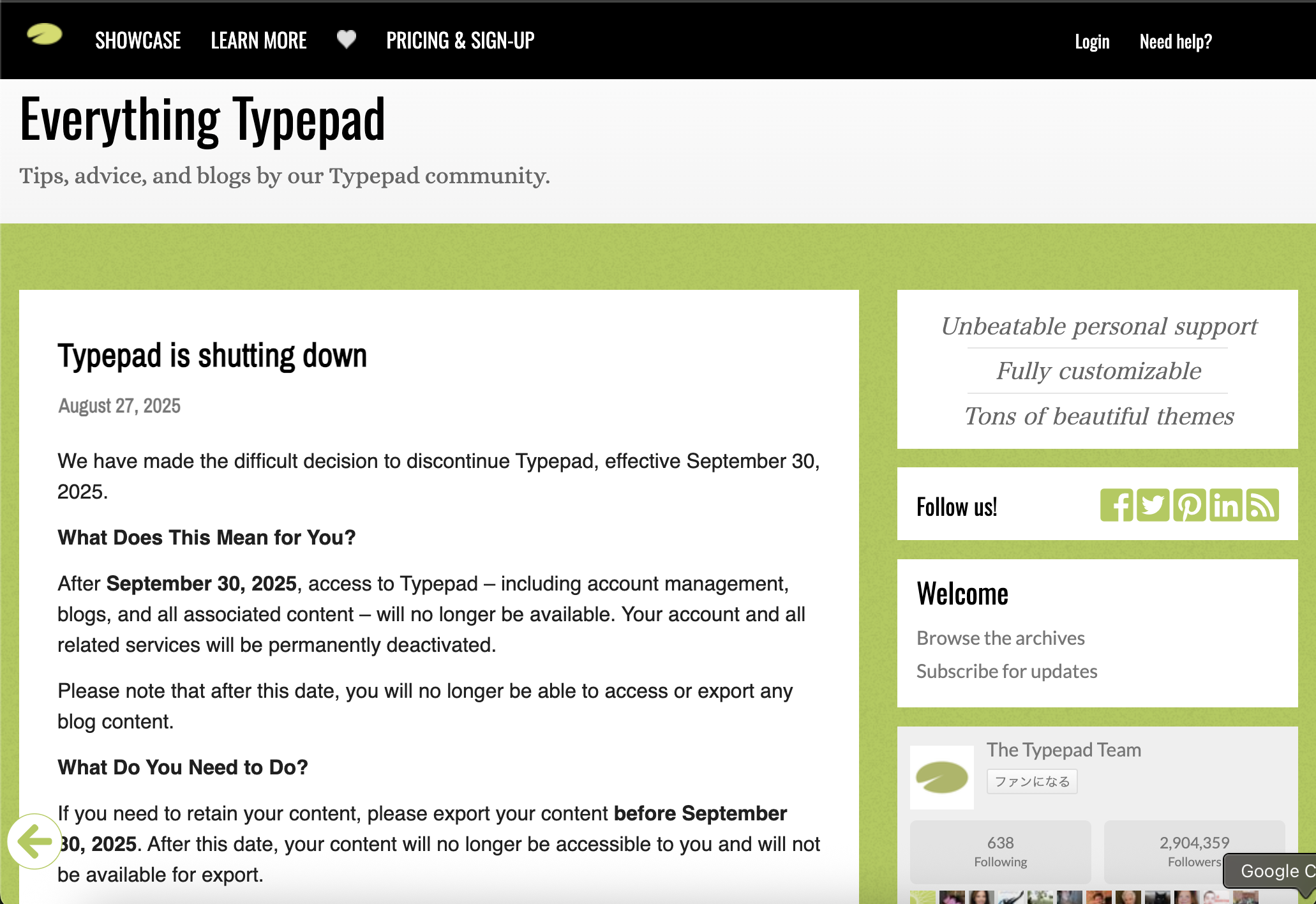 老舗ブログサービス「Typepad」が9月30日をもってサービス終了