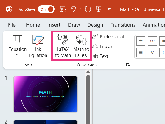 「Word」などでサポートされている「LaTeX」構文の数式挿入が、「Excel」「PowerPoint」でも利用可能になる