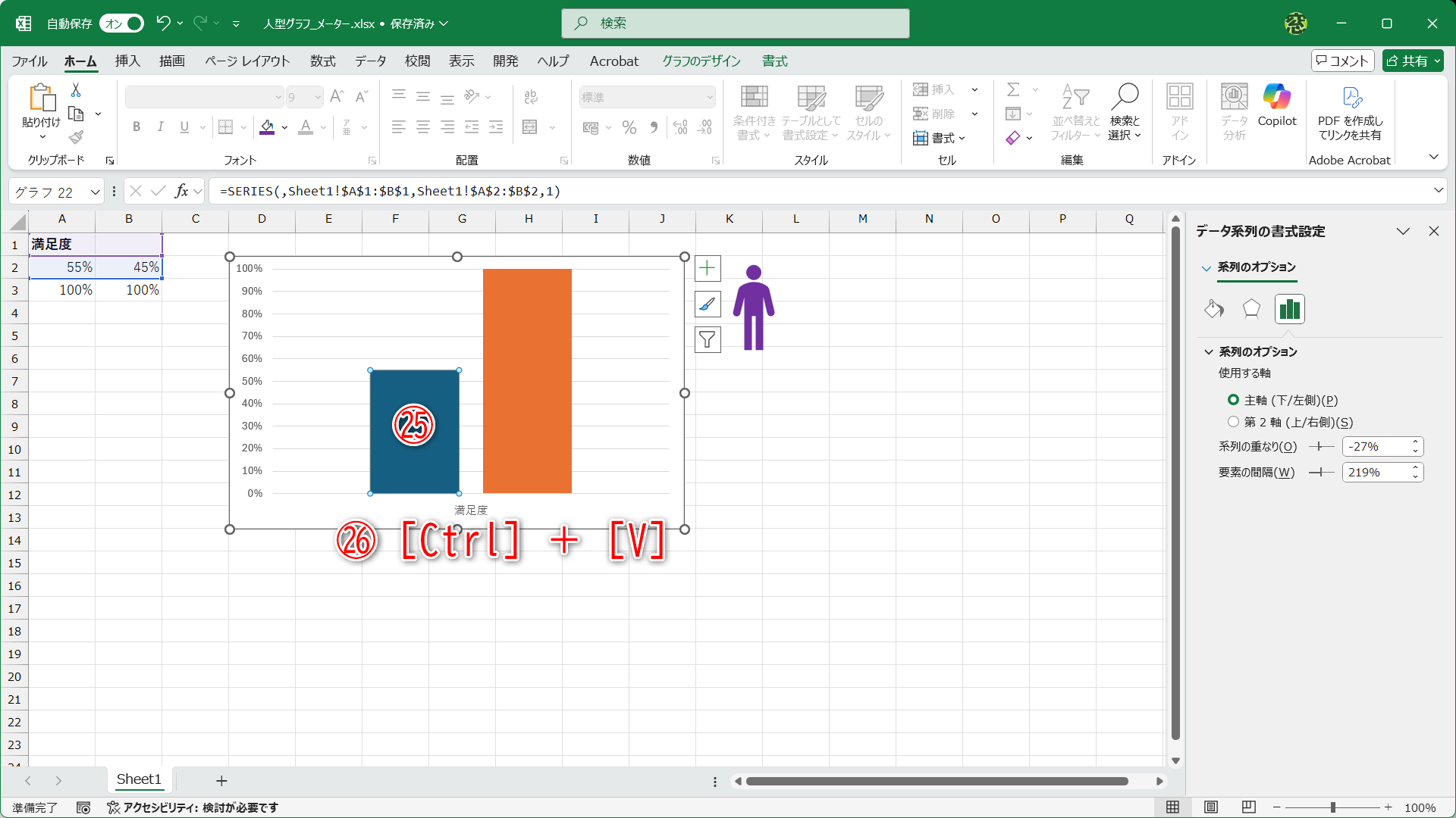 1つめの系列をゆっくり2回クリックして選択します（㉕）。［Ctrl］＋［V］キーで貼り付けます（㉖）