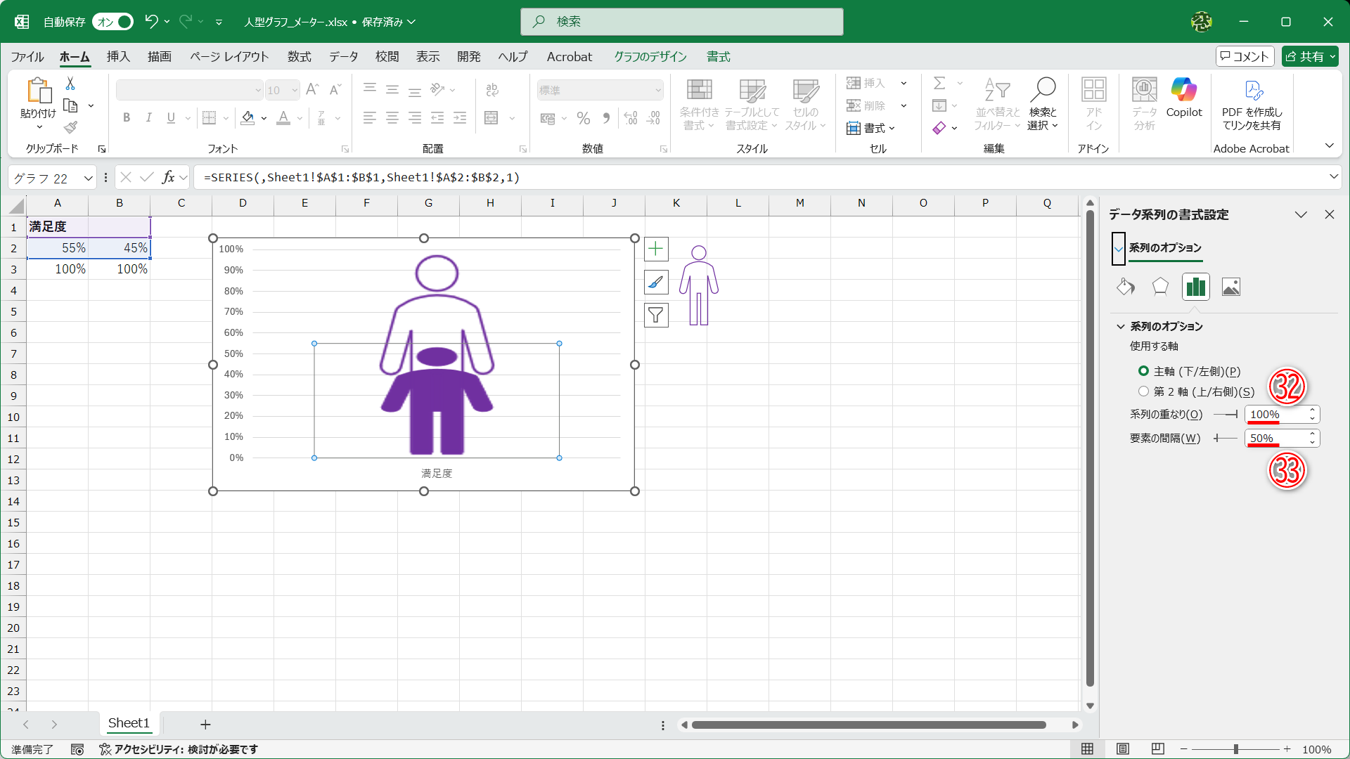 ［系列の重なり］は「100％」（㉜）とします。［要素の間隔］は任意の値で構いません。ここでは「50％」としました（㉝）