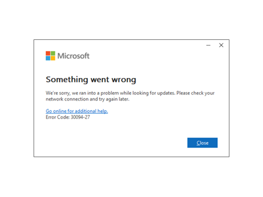 手動更新しようとすると、エラーコード「30094-27」で処理が失敗