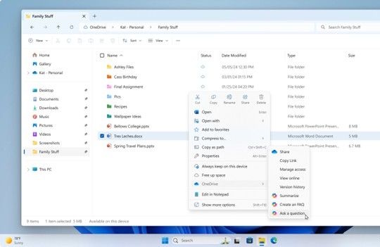 「エクスプローラー」の「OneDrive」ファイルから直接「Copilot」のアクションが実行できるように