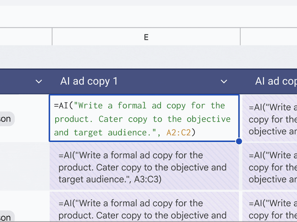 同社の生成AI「Gemini」にプロンプト（命令文）とセル範囲を渡し、その結果を返す「AI」関数