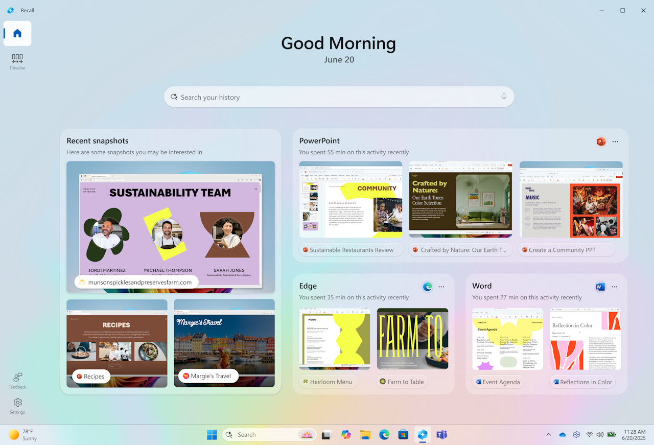 パーソナライズされた「リコール」アプリの新しいホーム画面