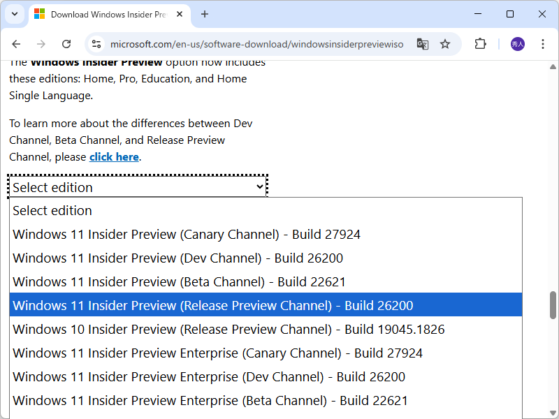 プルダウンメニューで「バージョン 25H2」（ビルド 26200）のISOイメージファイルが選択できる