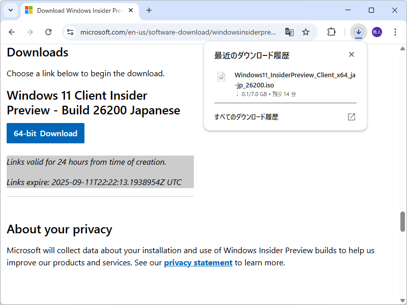24時間利用可能なダウンロードリンクが発行される