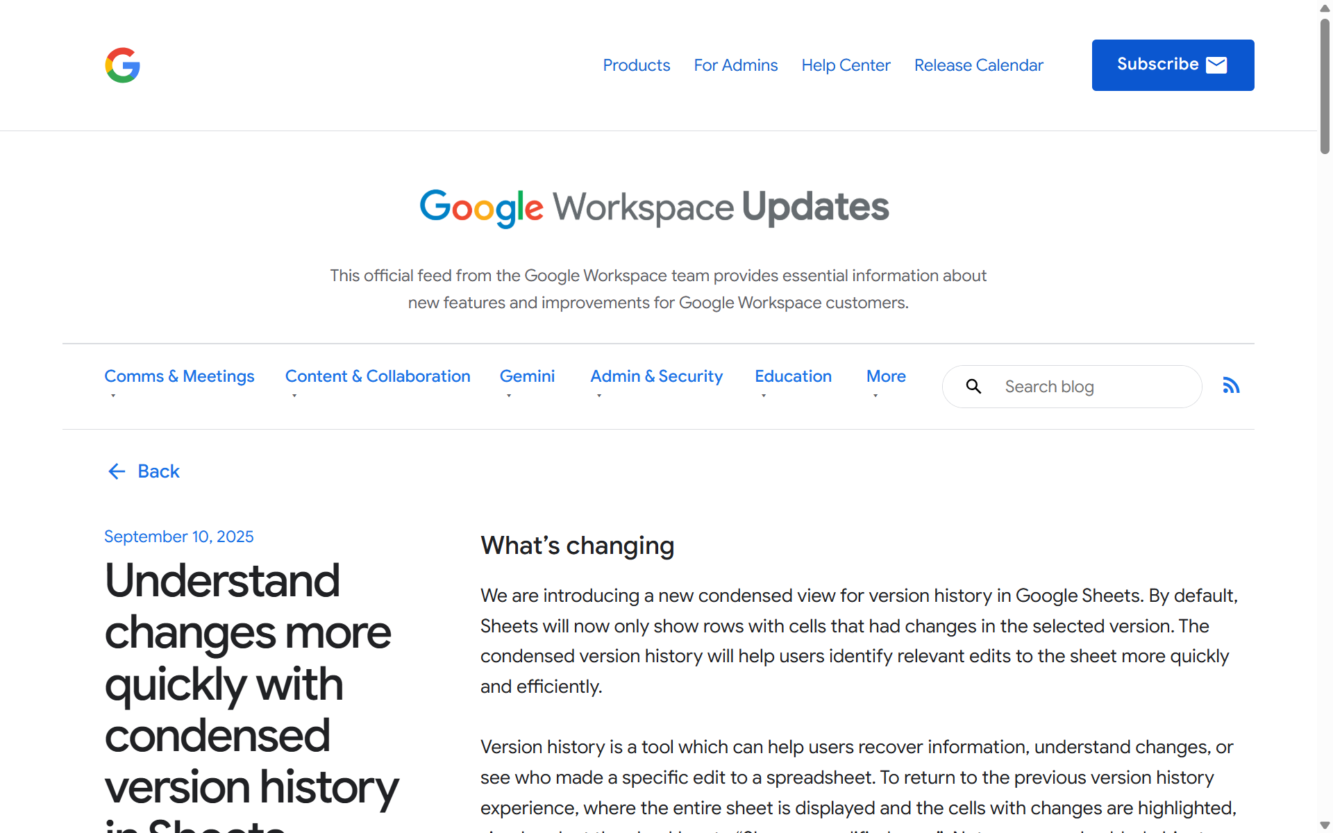 Googleが「スプレッドシート」にバージョン履歴の要約表示機能を導入