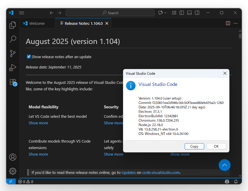 「Visual Studio Code」の2025年8月アップデート（v1.104.0）