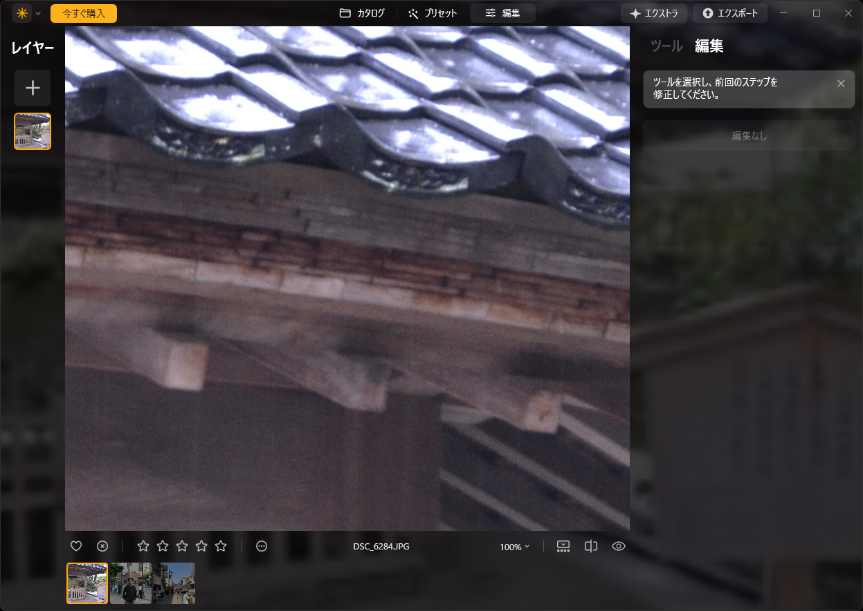 大きな写真の一部を表示した、建物の屋根の部分。細かい部分が描写しきれていない