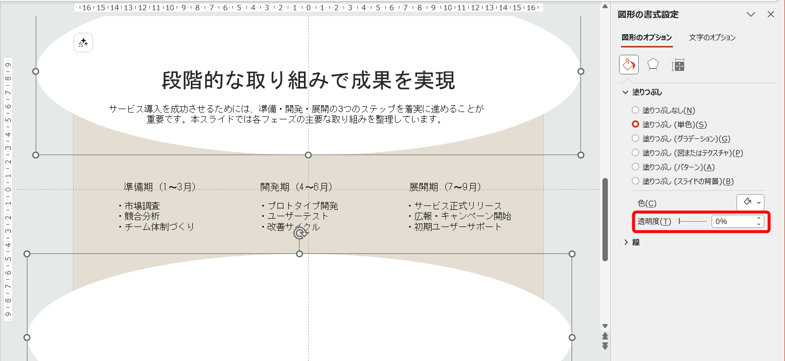 2つの楕円の透明度を「0%」に戻しておく