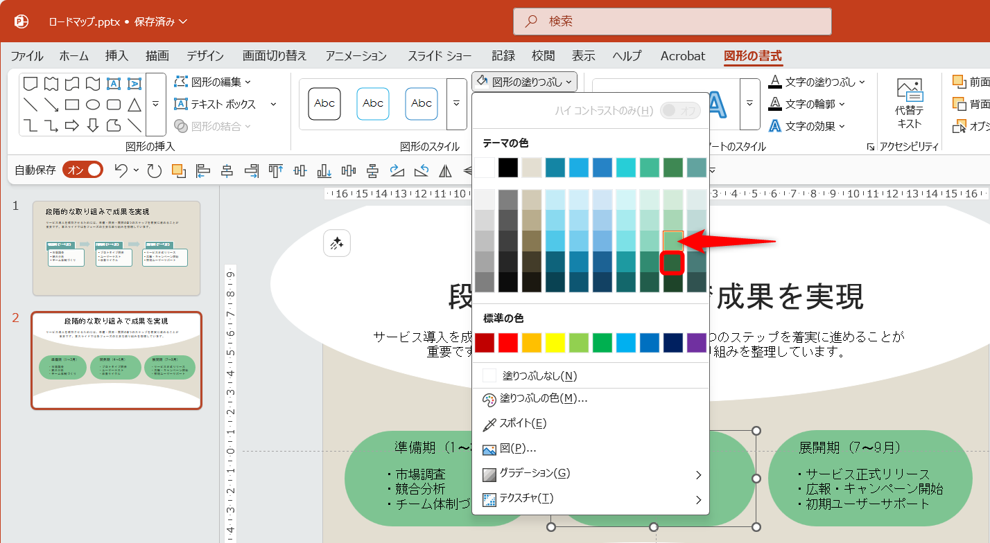 図形を選択して［図形の塗りつぶし］をクリックすると、現在の色を確認できる。真ん中の図形なので、1つ濃い色を選択する