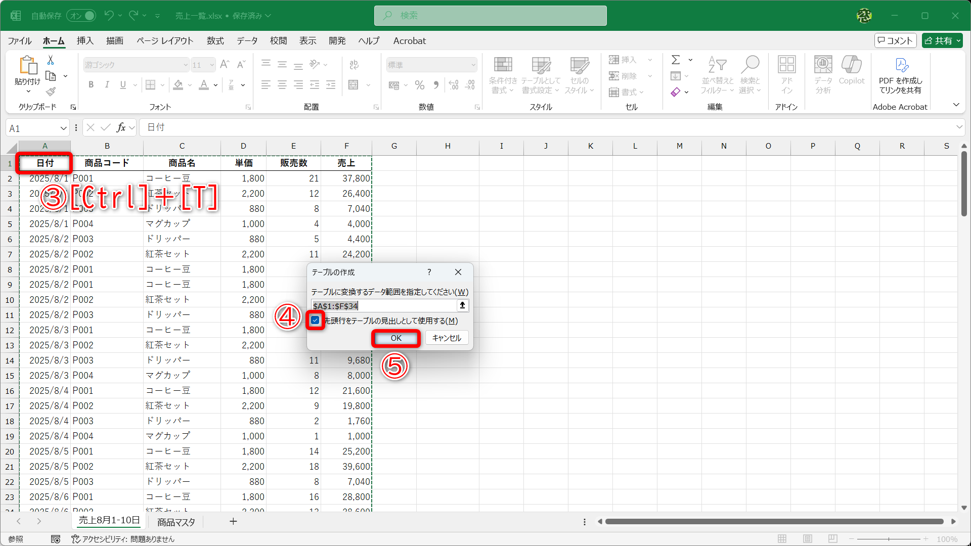 表内のセルを選択して、［Ctrl］＋［T］キーを押します（③）。表の範囲は自動的に認識されるので、［先頭行をテーブルの見出しとして使用する］（④）にチェックが付いていることを確認して［OK］（⑤）をクリックします