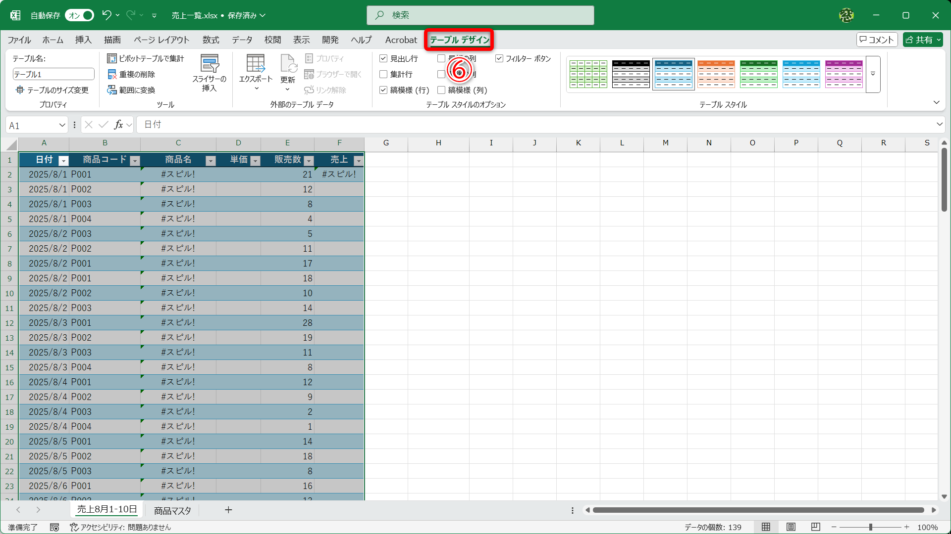 テーブルに変換されて［テーブルデザイン］タブに切り替わります（⑥）