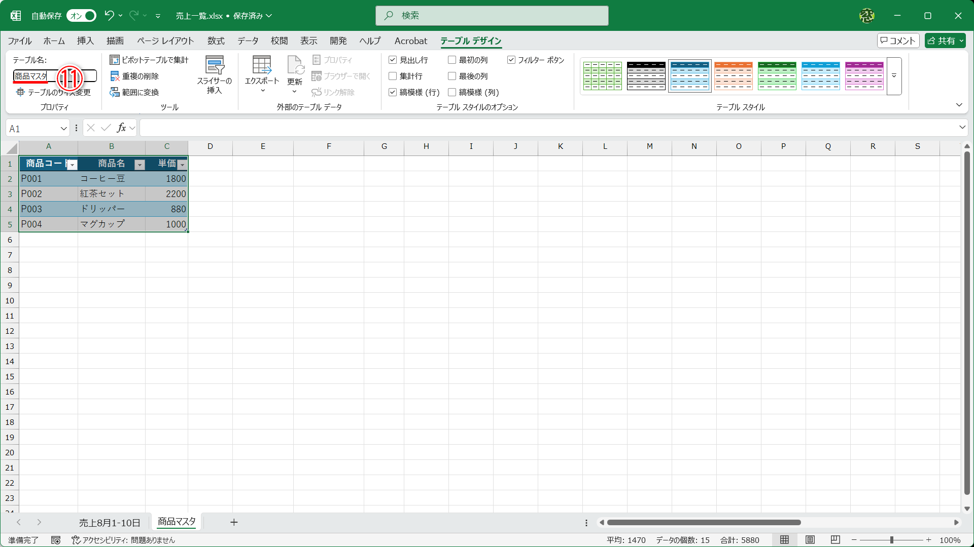 任意のテーブル名に変更します（⑪）。ここでは「商品マスタ」と名前を付けました