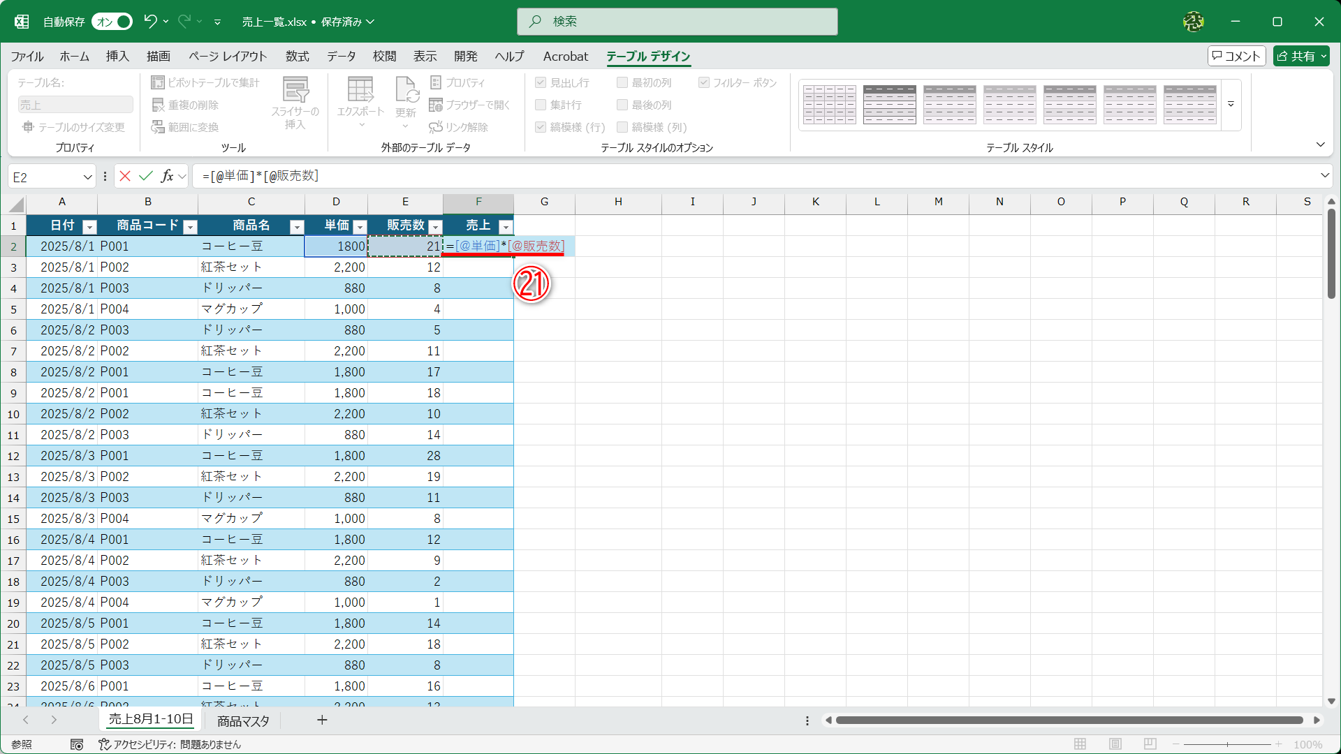 関数を使わない数式も構造化参照に変化します（㉑）。セルF2に「=」と入力してセルD2をクリック、「*」と入力してセルE2をクリックした状態です