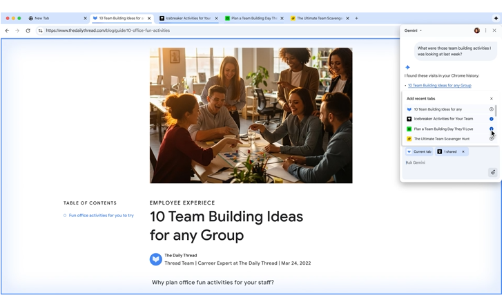 「Gemini in Chrome」は他のタブの情報もまとめてくれる