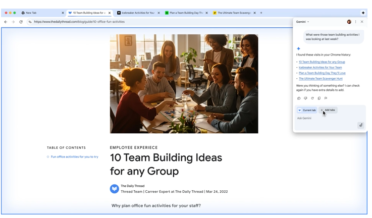 「Gemini in Chrome」で以前にアクセスしたWebページを見つける