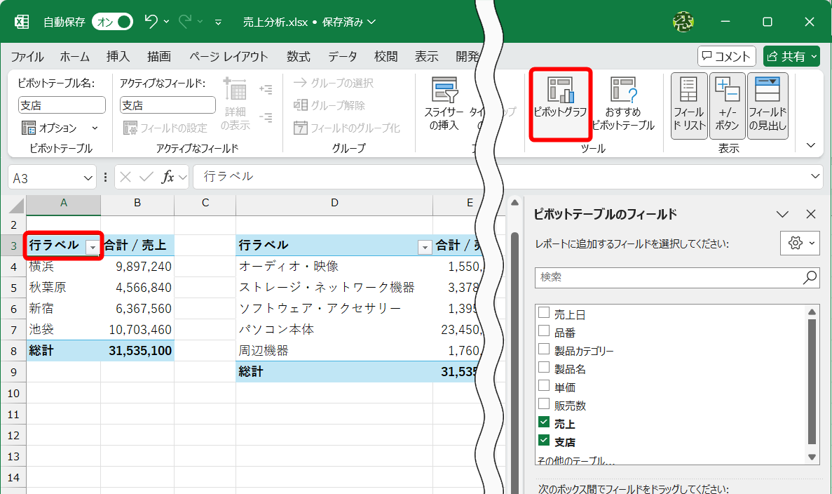 1つめのピボットテーブル内のセルを選択して［ピボットテーブル分析］タブの［ピボットグラフ］をクリックする