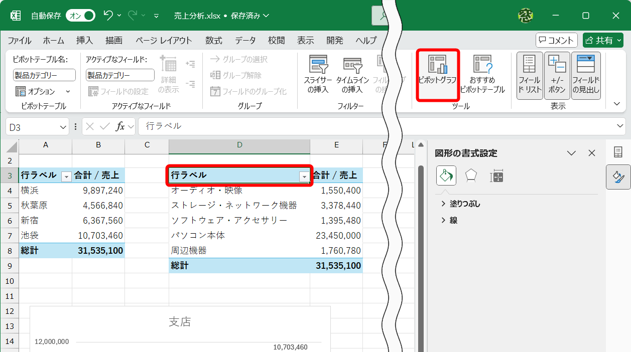 2つめのピボットテーブル内のセルを選択して［ピボットテーブル分析］タブの［ピボットグラフ］をクリックする