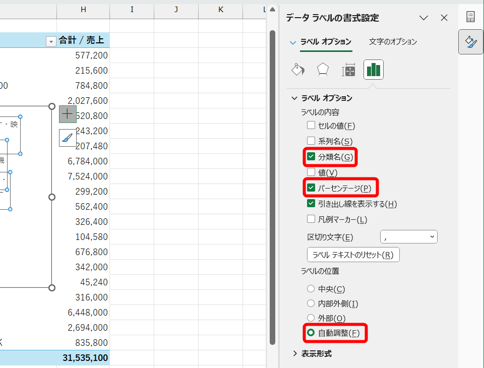 ［分類名］と［パーセンテージ］にチェックを付ける。［自動調整］をクリックする