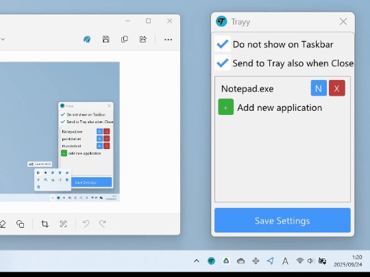 ウィンドウの［閉じる］ボタンを右クリックして、アプリを「Trayy」に登録