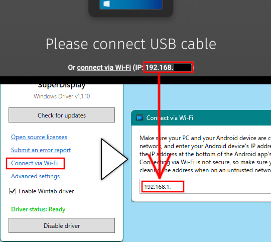 タブレットに表示されたローカルIPアドレスを、「SuperDisplay Settings」の［Connect via WiFi］で出てきたダイアログに入力