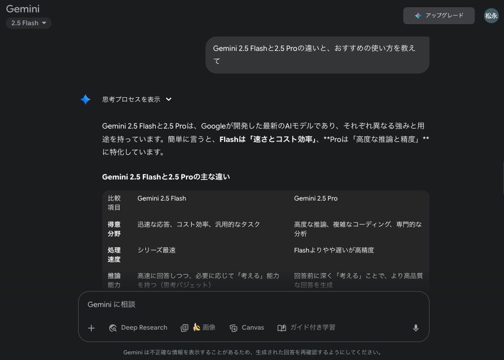 「Gemini 2.5 Flash」 がアップデート。表などを使って回答してくれる
