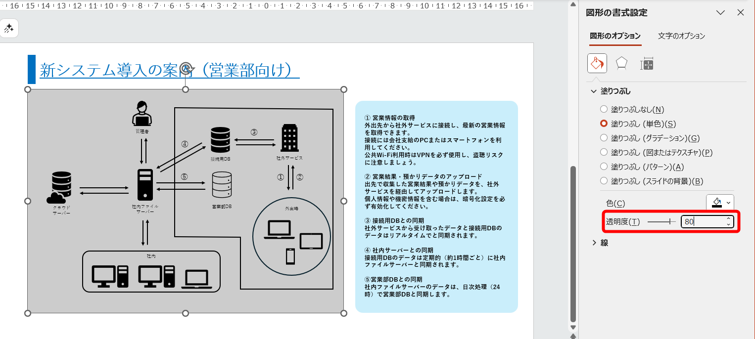 ［透明度］を設定する。ここでは「80%」とした