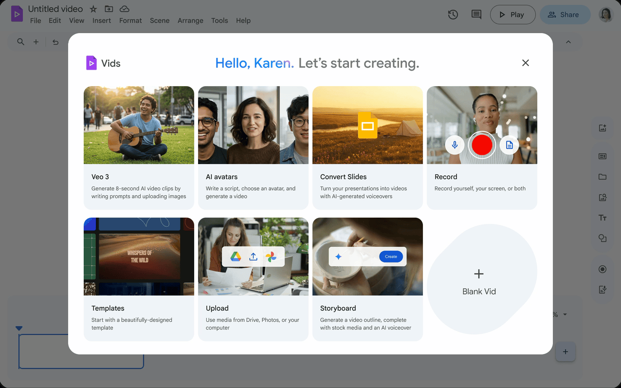 「Google Vids」のGeminiで動画化したスライドに台本、AI音声読み上げ、BGMを追加できる