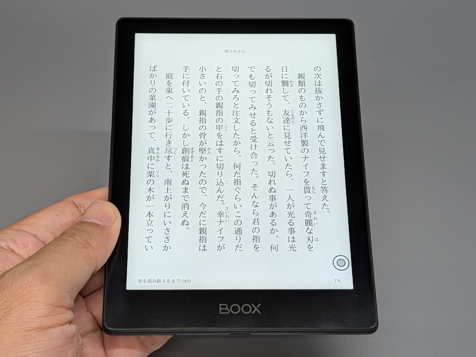 テキストを表示したところ。紙の本に近いアスペクト比で読みやすい。ただしメモリは2GBと控えめなことから、ページめくりなどの挙動はややもっさりしている