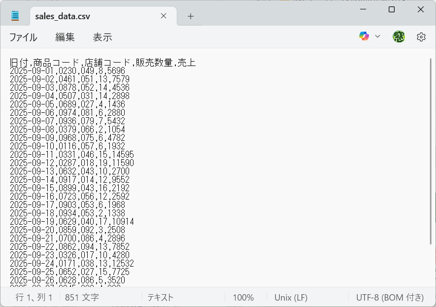 元のCSVデータをメモ帳で開いた状態です