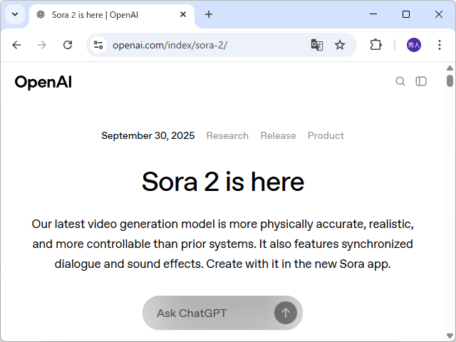 OpenAI、「Sora 2」を発表