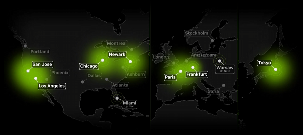 「GeForce NOW」の5080リグの世界展開図。現在は日本（東京）にも緑の光が灯っており、世界で7番目の展開地域となる