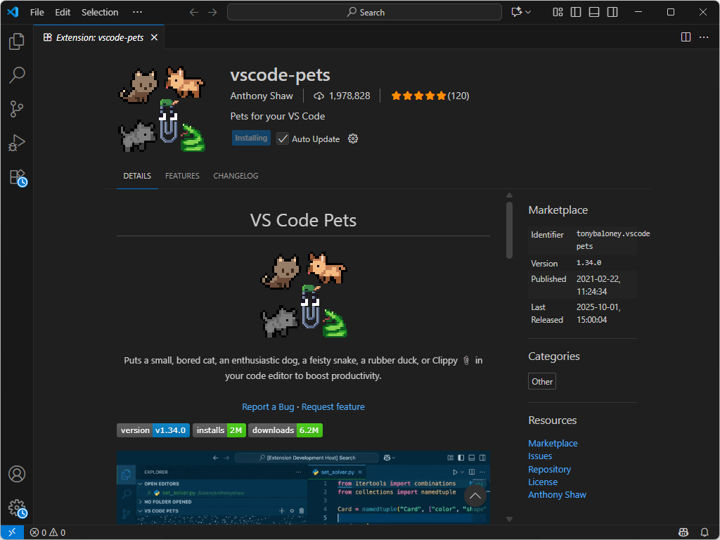 「Visual Studio Code」でペットを飼えるようにする拡張機能「vscode-pets」