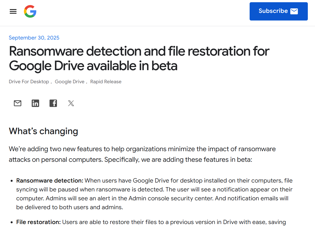 「Google ドライブ」でランサムウェア対策機能のベータ版を発表