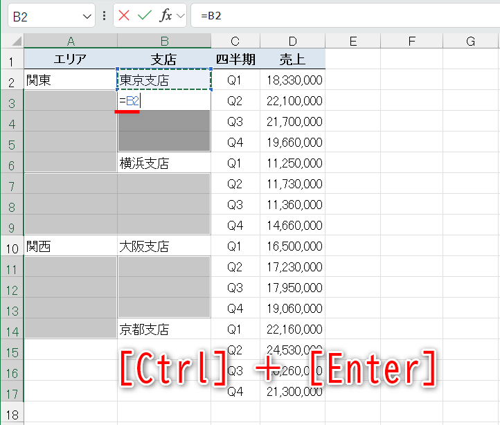 「=」と入力して、すぐ上のセルをクリックすると数式が入力される。そのまま［Ctrl］＋［Enter］キーを押す