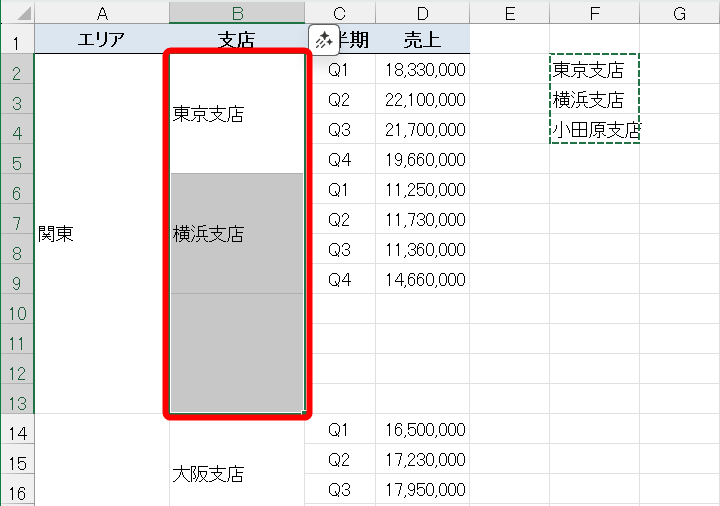 コピー元と同じ数の結合セルを用意しておく。コピー元のデータをコピーし、貼り付け先の結合セルを選択する