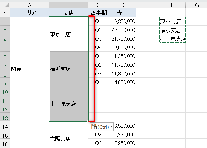結合セルに貼り付けられた