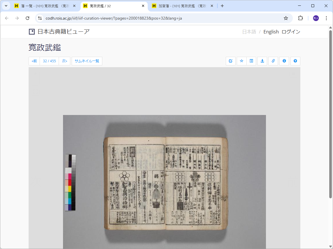 「日本古典籍ビューア」で「寛政武鑑」の原本を閲覧