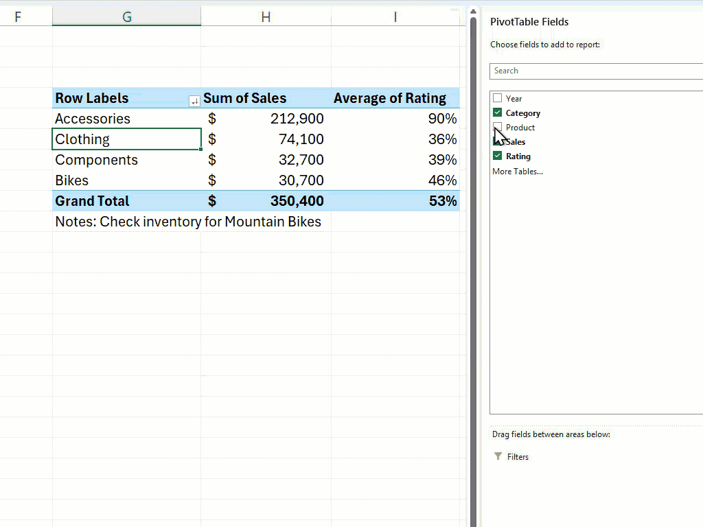 ピボットテーブルのフィールドを調整