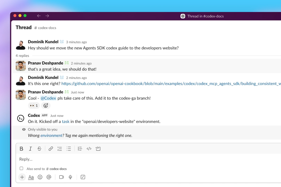 「Slack」連携。「@Codex」でコーディングエージェントを呼び出せる